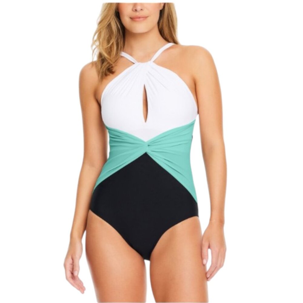 NWT Beyond Control Women's Colorblocked High-Neck Keyhole Twist Swimsuit
